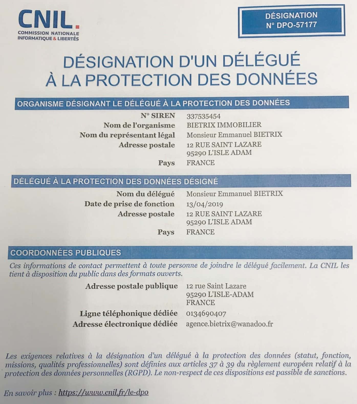 CNIL bietrix immobilier informatique et liberté